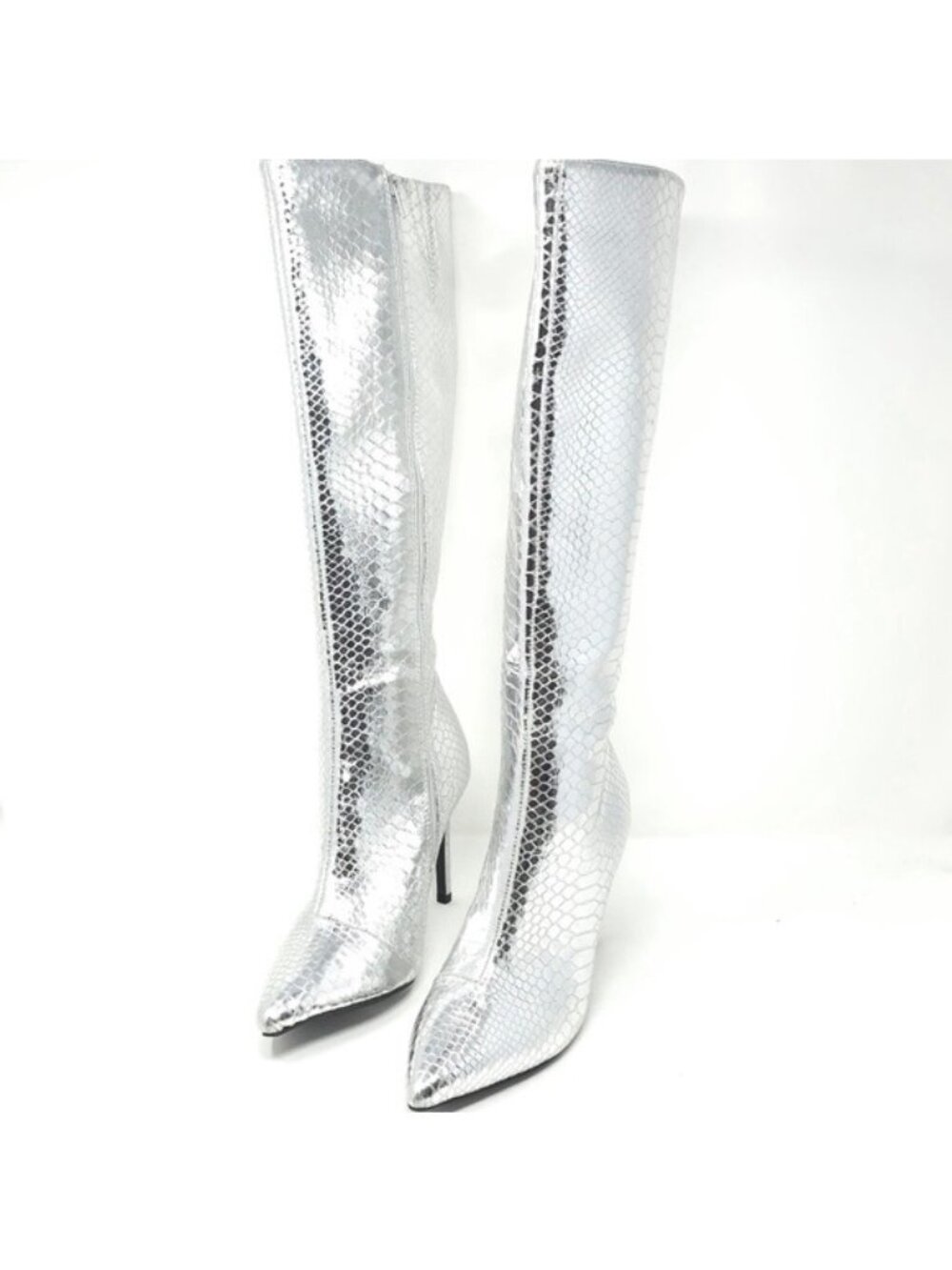INC Jelpp Silver Snake Tall Knee High Stiletto Boots Size 8.5M